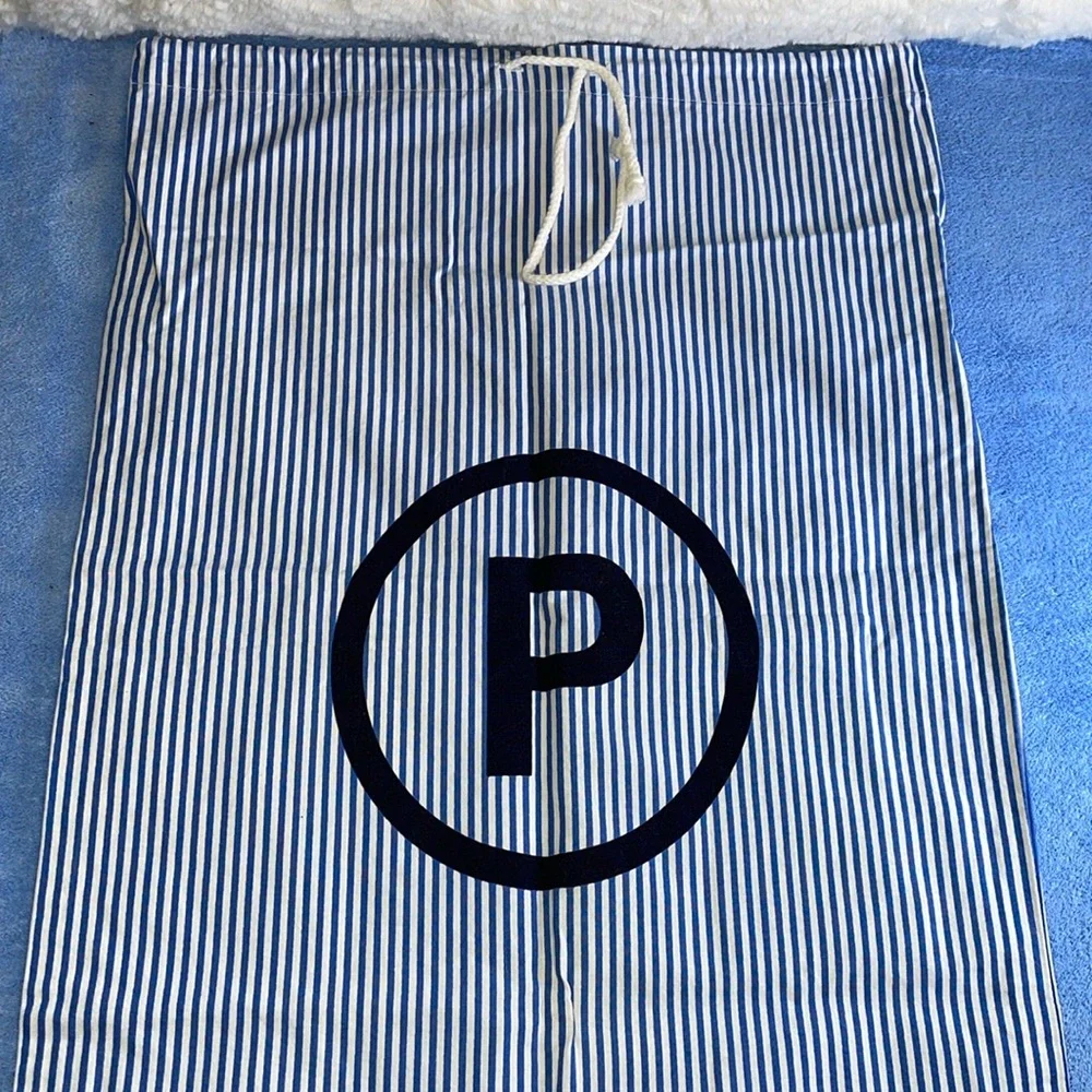 NWOT Large Carrying Bag. Blue & White Strioe with letter “P”